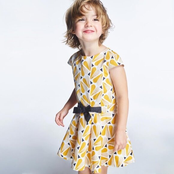 Girl's OKAIDI Yellow Grey Abstract Heart Print Cotton Fit & Flare Dress, Size 4 - Picture 12 of 13